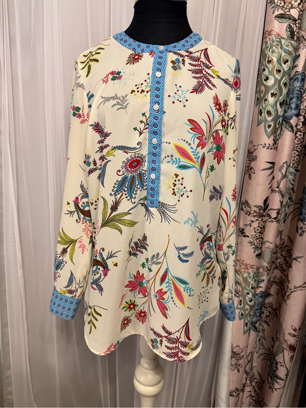 Talbots Cream Floral Blouse with Blue Trim